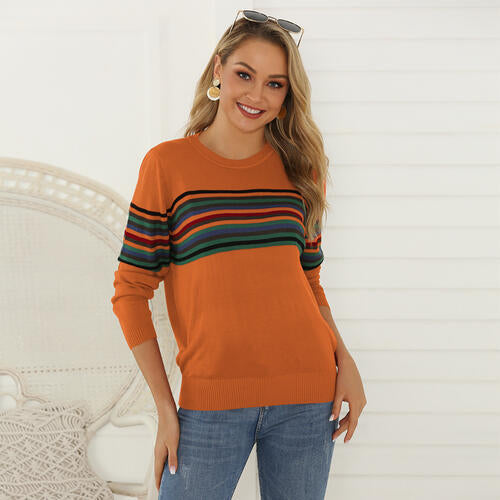 Striped Round Neck Long Sleeve Sweater BLUE ZONE PLANET