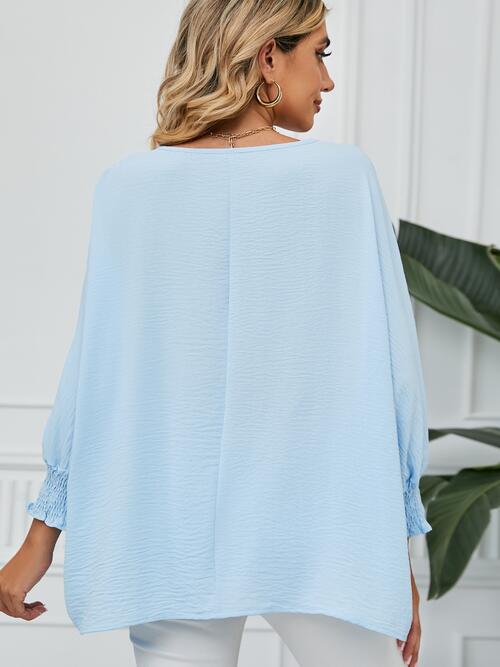 Smocked Lantern Sleeve Round Neck Blouse BLUE ZONE PLANET