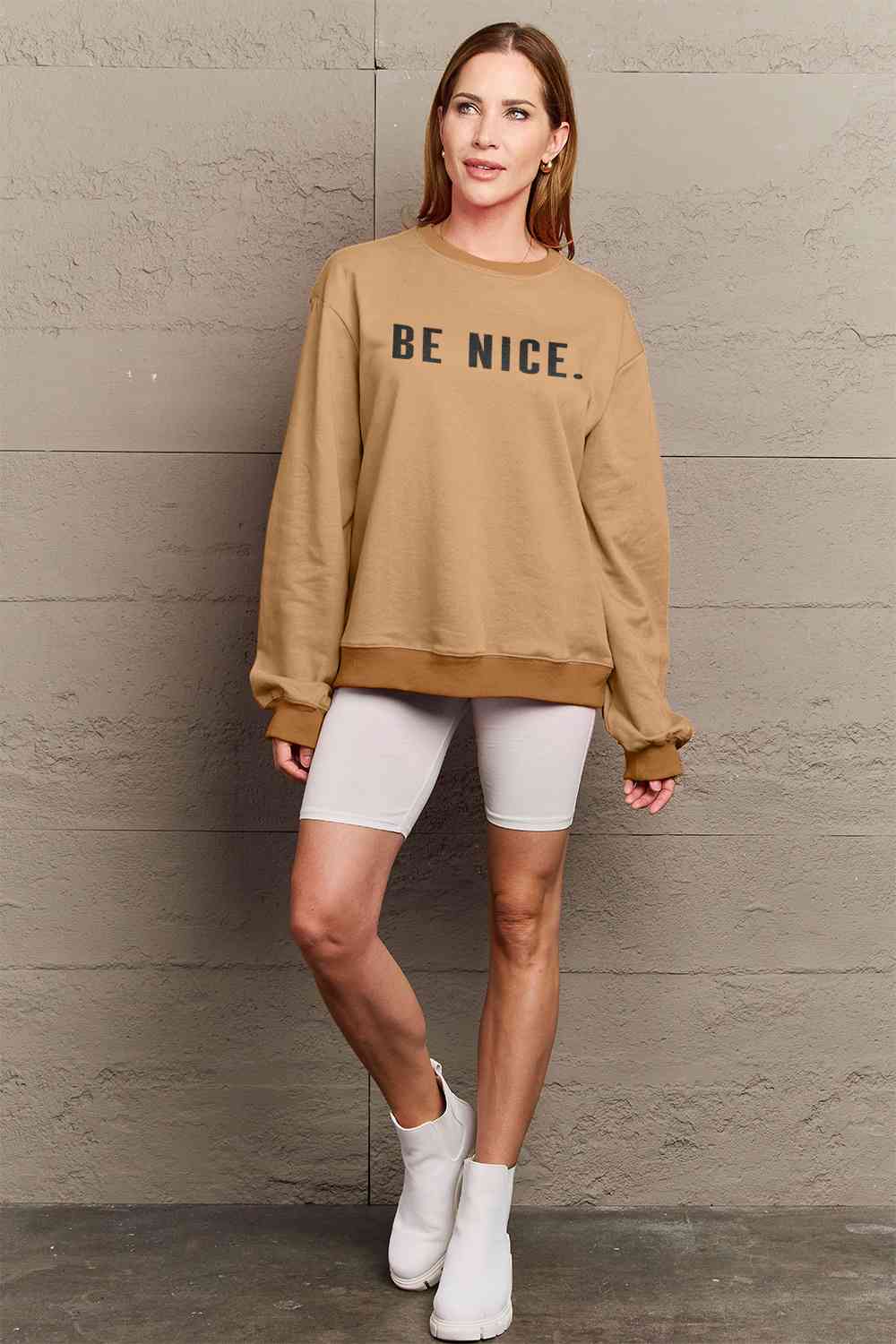 Simply Love Full Size BE NICE Graphic Sweatshirt BLUE ZONE PLANET