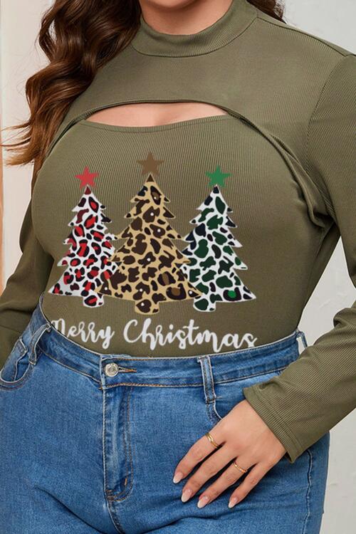 Plus Size Christmas Tree Graphic Cutout Round Neck Long Sleeve Blouse BLUE ZONE PLANET