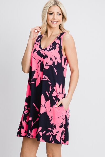 Heimish Full Size Floral V-Neck Tank Dress with Pockets BLUE ZONE PLANET