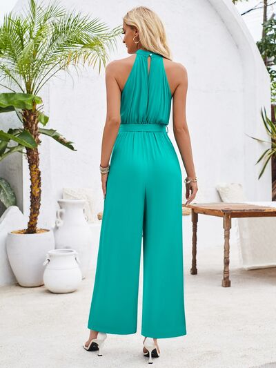 Ruched Slit Tied Sleeveless Jumpsuit Trendsi