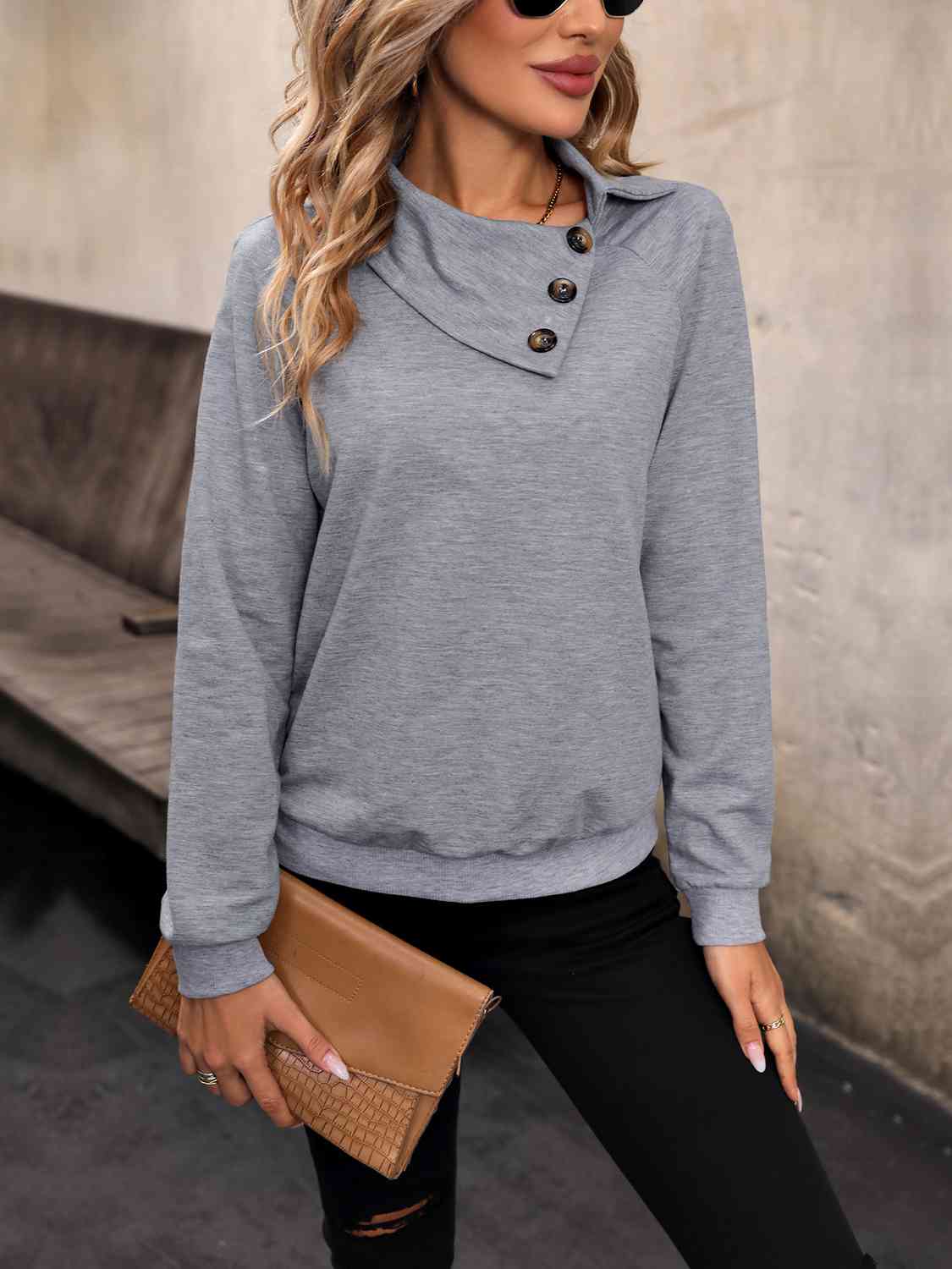 Mock Neck Raglan Sleeve Buttoned Sweatshirt BLUE ZONE PLANET