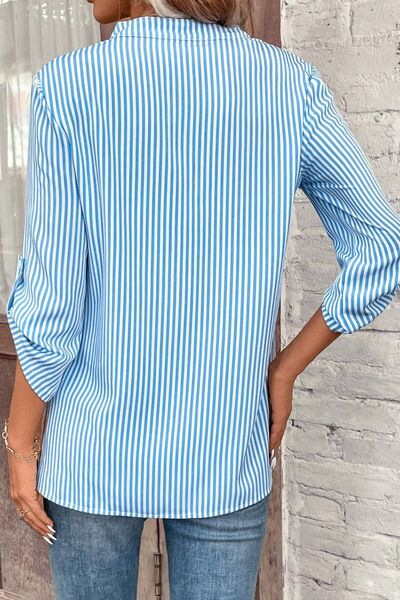 Striped Notched Roll-Tab Sleeve Shirt BLUE ZONE PLANET