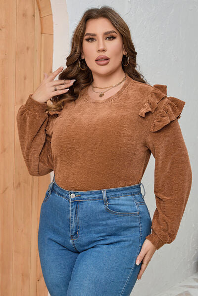 Plus Size Ruffled Round Neck Long Sleeve T-Shirt BLUE ZONE PLANET