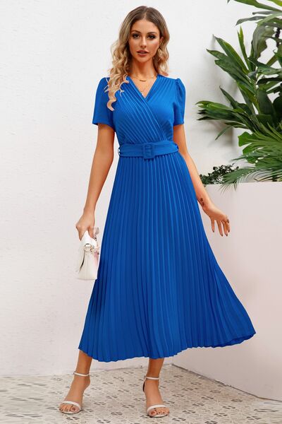 Pleated Surplice Short Sleeve Midi Dress BLUE ZONE PLANET