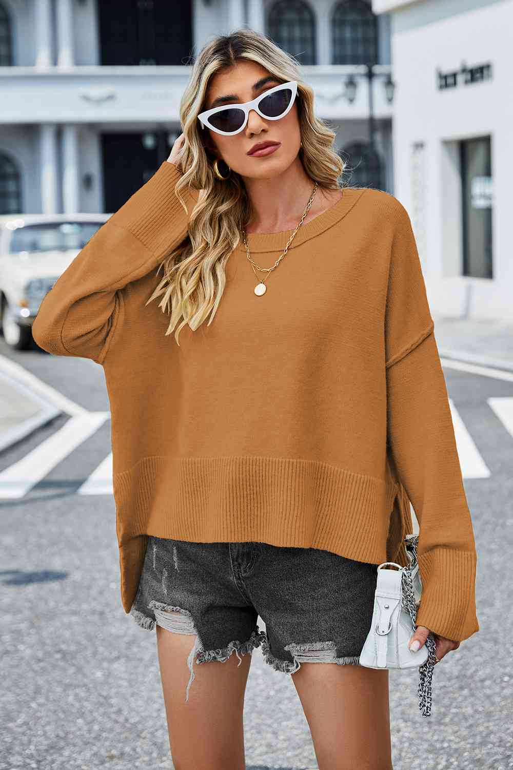 Round Neck Dropped Shoulder Slit Sweater BLUE ZONE PLANET