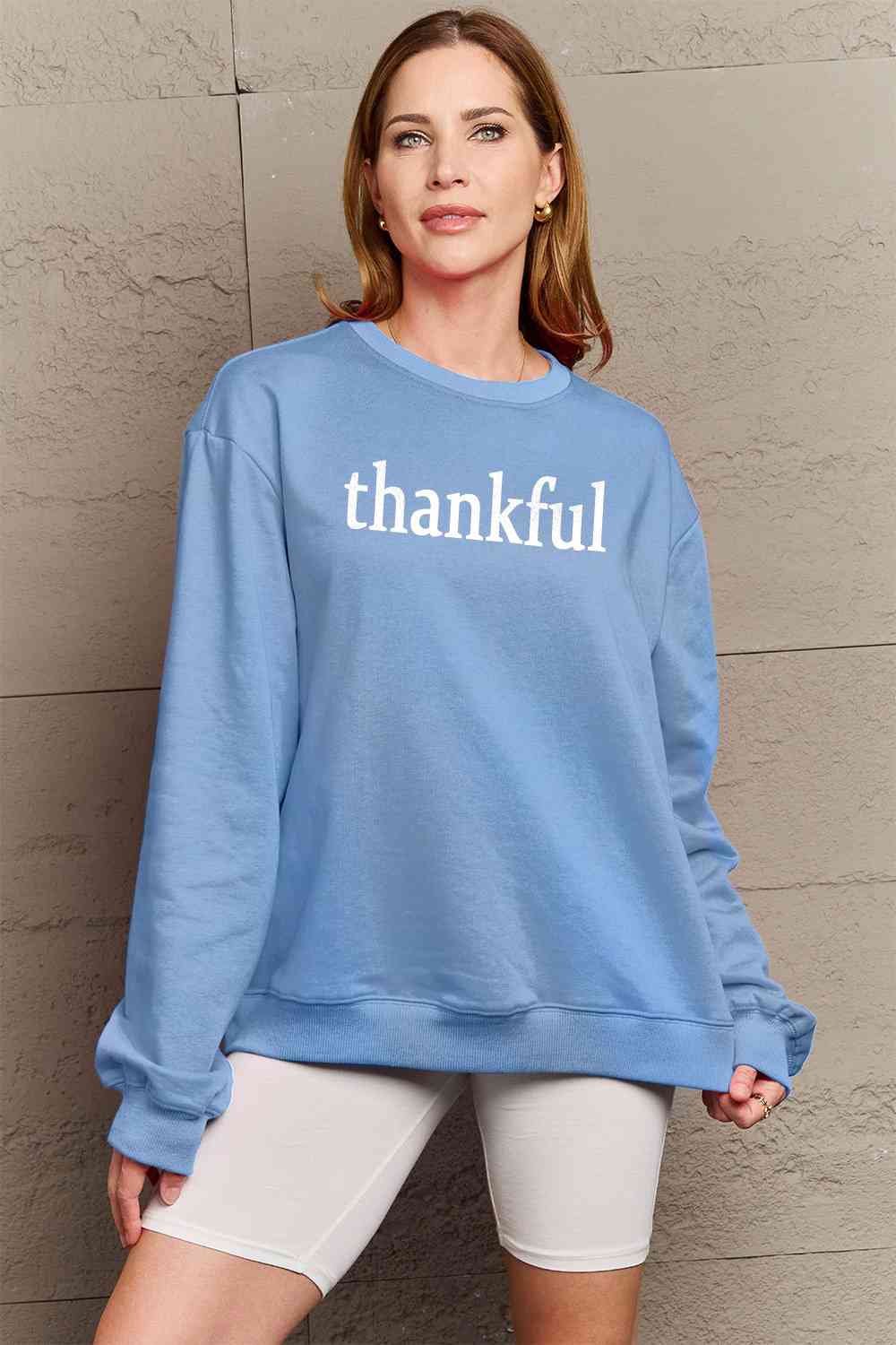 Simply Love Full Size THANKFUL Graphic Sweatshirt BLUE ZONE PLANET