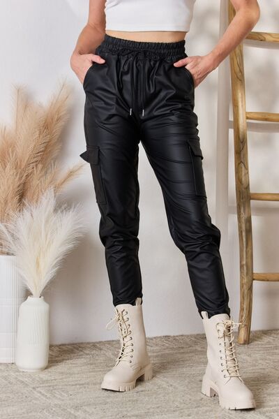 Color 5 Faux Leather Cargo Pants-BOTTOM SIZES SMALL MEDIUM LARGE-[Adult]-[Female]-Black-S-2022 Online Blue Zone Planet