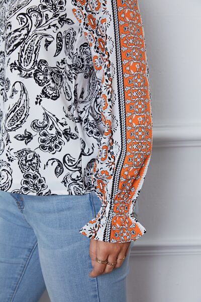 Tassel Tie Neck Printed Smocked Long Sleeve Blouse Trendsi