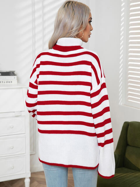 Striped Slit Turtleneck Drop Shoulder Sweater BLUE ZONE PLANET