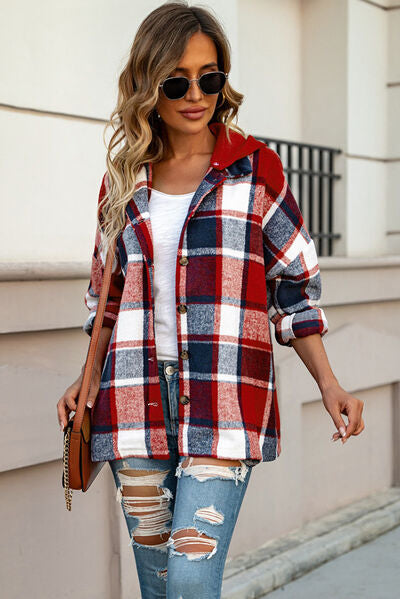 Button Up Plaid Hooded Jacket BLUE ZONE PLANET