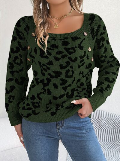 Leopard Buttoned Square Neck Sweater BLUE ZONE PLANET