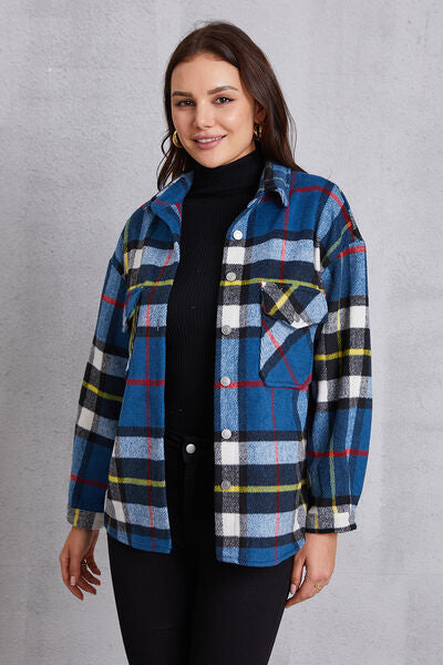 Plaid Button Up Dropped Shoulder Jacket-TOPS / DRESSES-[Adult]-[Female]-Ultra marine-S-2022 Online Blue Zone Planet