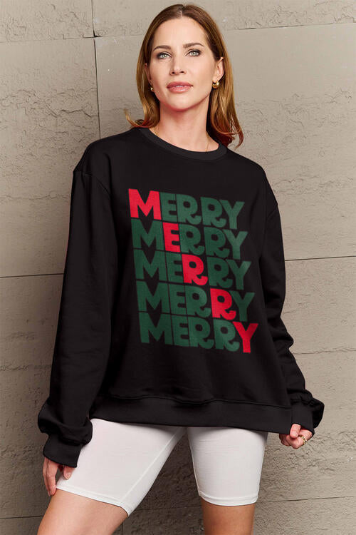 Simply Love Full Size MERRY Long Sleeve Sweatshirt BLUE ZONE PLANET