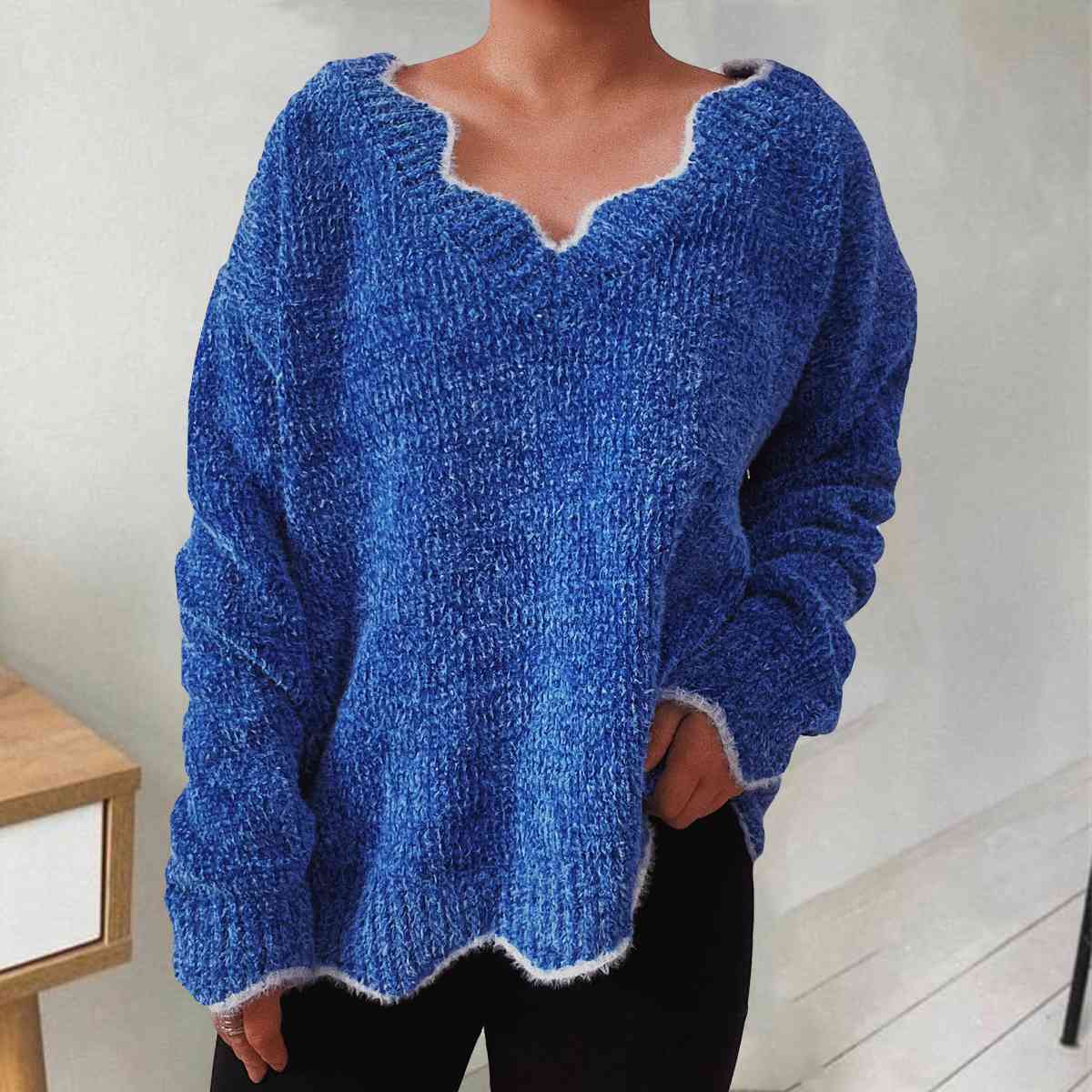 V-Neck Drop Shoulder Long Sleeve Sweater BLUE ZONE PLANET