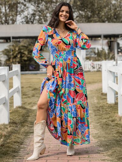 Printed Smocked Tie Neck Balloon Sleeve Maxi Dress-TOPS / DRESSES-[Adult]-[Female]-Multicolor-S-2022 Online Blue Zone Planet