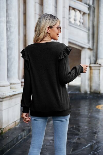 Ruffled Heathered V-Neck Long Sleeve T-Shirt Trendsi