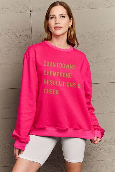 Blue Zone Planet |  Simply Love Full Size COUNTDOWNS CHAMPAGNE RESOLUTIONS & CHEER Round Neck Sweatshirt BLUE ZONE PLANET