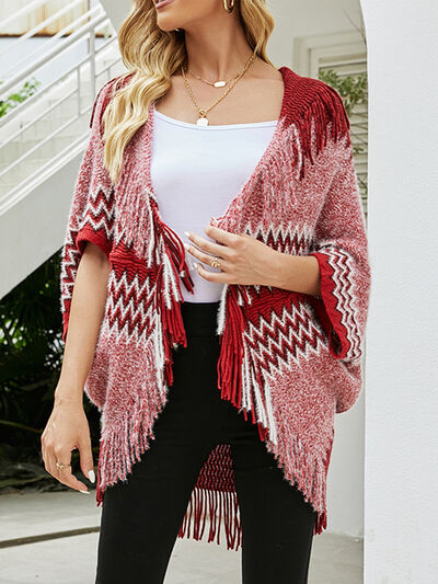 Blue Zone Planet |  Geometric Fringe Open Front Cardigan BLUE ZONE PLANET