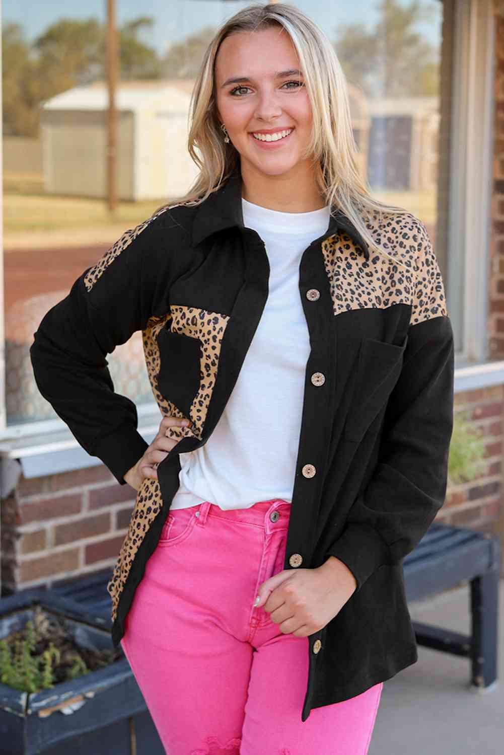 Leopard Collared Button Down Jacket BLUE ZONE PLANET