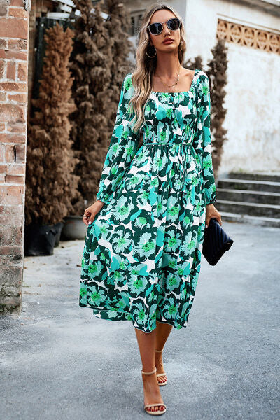 Printed Balloon Sleeve Pocketed Midi Dress-TOPS / DRESSES-[Adult]-[Female]-Mint Green-S-2022 Online Blue Zone Planet