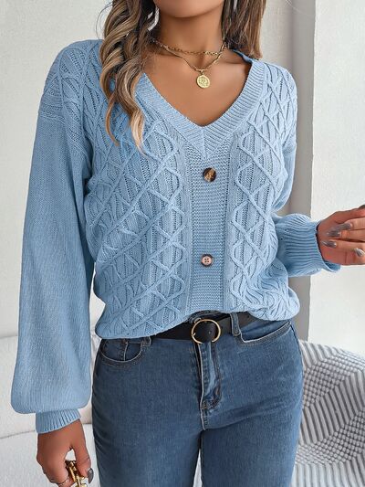 Cable-Knit V-Neck Lantern Sleeve Sweater BLUE ZONE PLANET