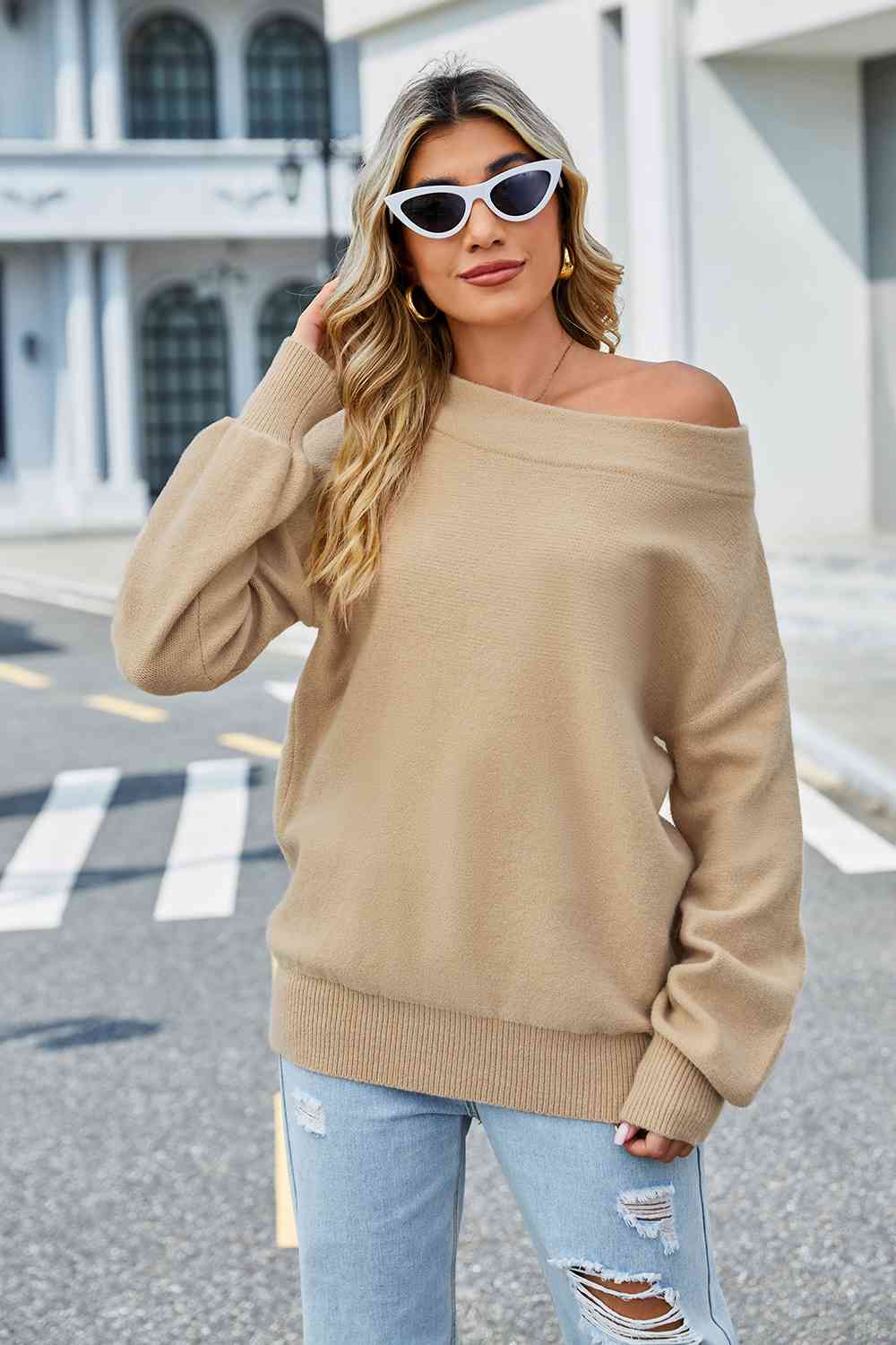 Long Sleeve Ribbed Trim Sweater BLUE ZONE PLANET