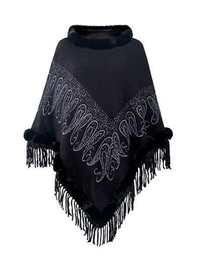 Blue Zone Planet |  Graphic Fringe Cape Sleeve Poncho BLUE ZONE PLANET