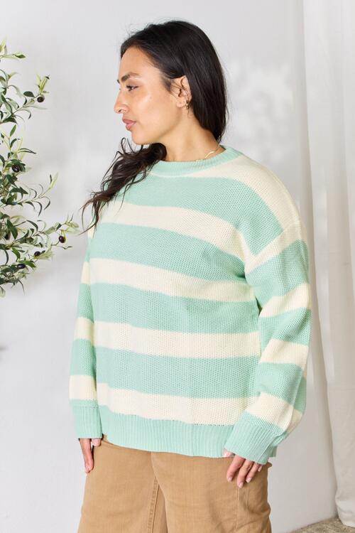 Sew In Love Full Size Contrast Striped Round Neck Sweater BLUE ZONE PLANET