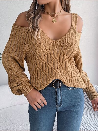 Cable-Knit Cold Shoulder Long Sleeve Sweater BLUE ZONE PLANET