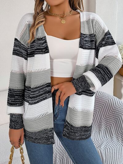 Openwork Striped Open Front Cardigan BLUE ZONE PLANET