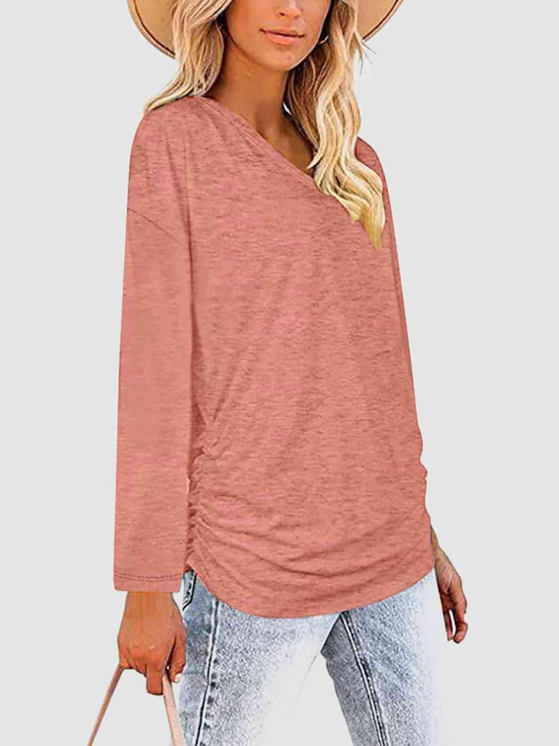 Ruched V-Neck Long Sleeve T-Shirt BLUE ZONE PLANET