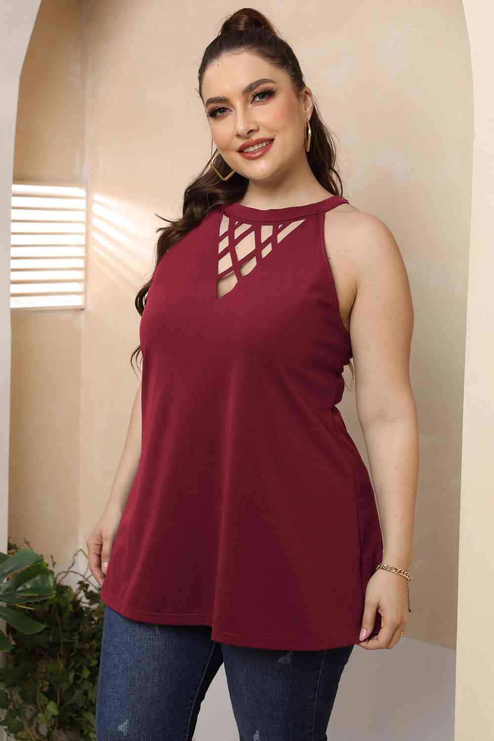 Plus Size Halter Neck Cutout Sleeveless Dress BLUE ZONE PLANET