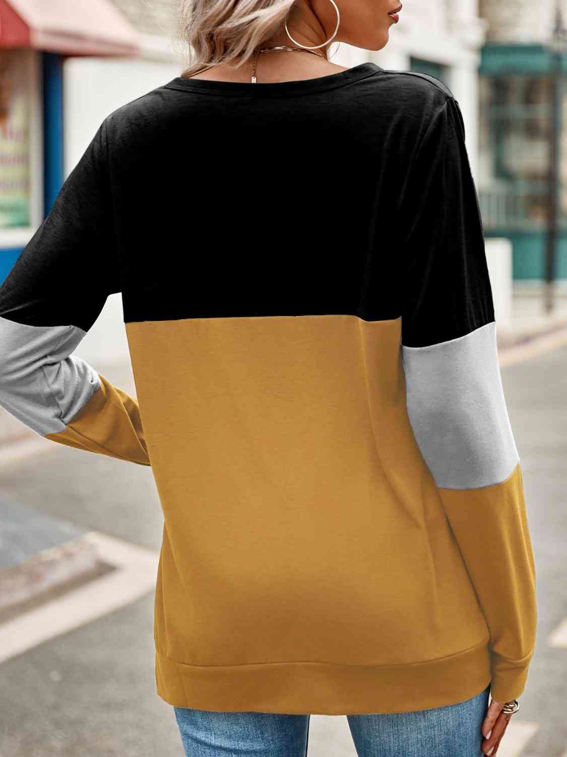 Color Block Cutout Round Neck Long Sleeve T-Shirt BLUE ZONE PLANET