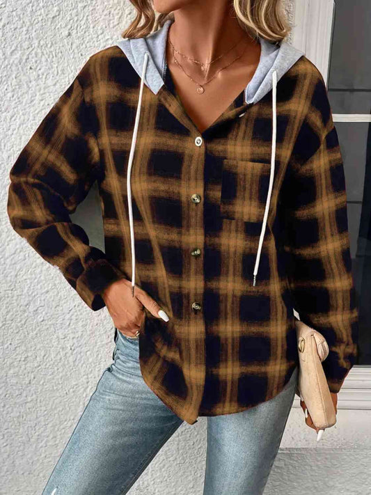 Plaid Drawstring Button Up Hooded Jacket BLUE ZONE PLANET