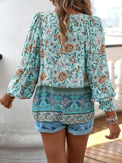 Bohemian Tie Neck Lantern Sleeve Blouse BLUE ZONE PLANET