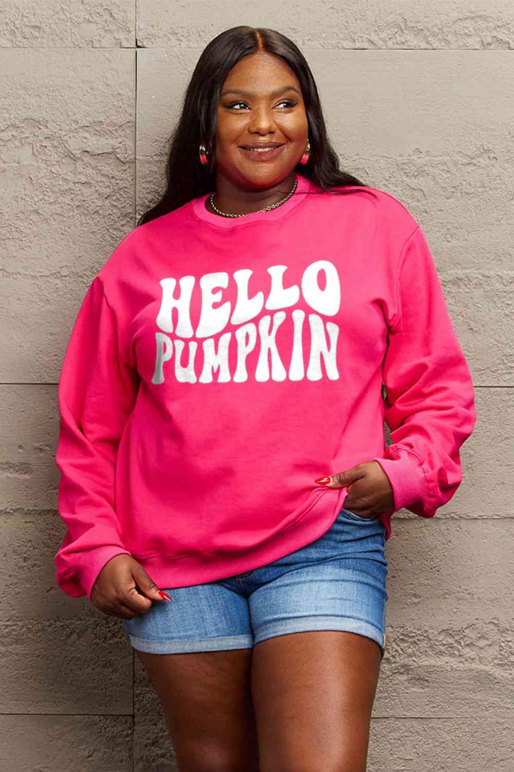 Simply Love Full Size HELLO PUMPKIN Graphic Sweatshirt BLUE ZONE PLANET