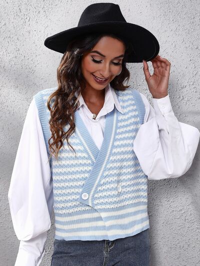 Striped Button Up V-Neck Sweater Vest BLUE ZONE PLANET