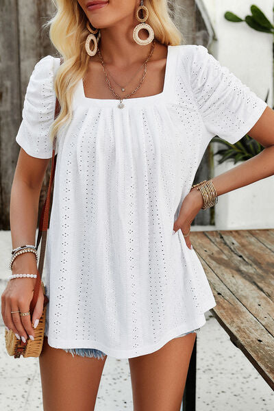 Eyelet Square Neck Puff Sleeve T-Shirt Trendsi