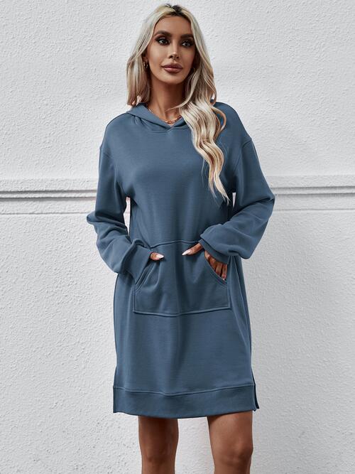 Slit Long Sleeve Hooded Dress with Pocket BLUE ZONE PLANET