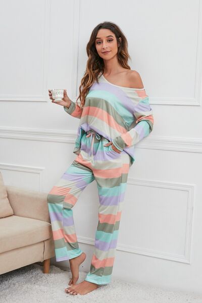 Blue Zone Planet |  Striped Round Neck Long Sleeve Top and Drawstring Pants Lounge Set BLUE ZONE PLANET