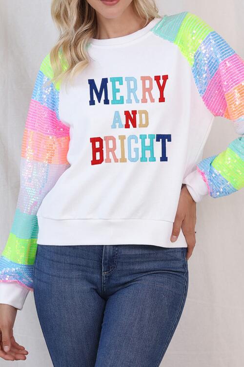 MERRY AND BRIGHT Sequin Long Sleeve Sweatshirt BLUE ZONE PLANET