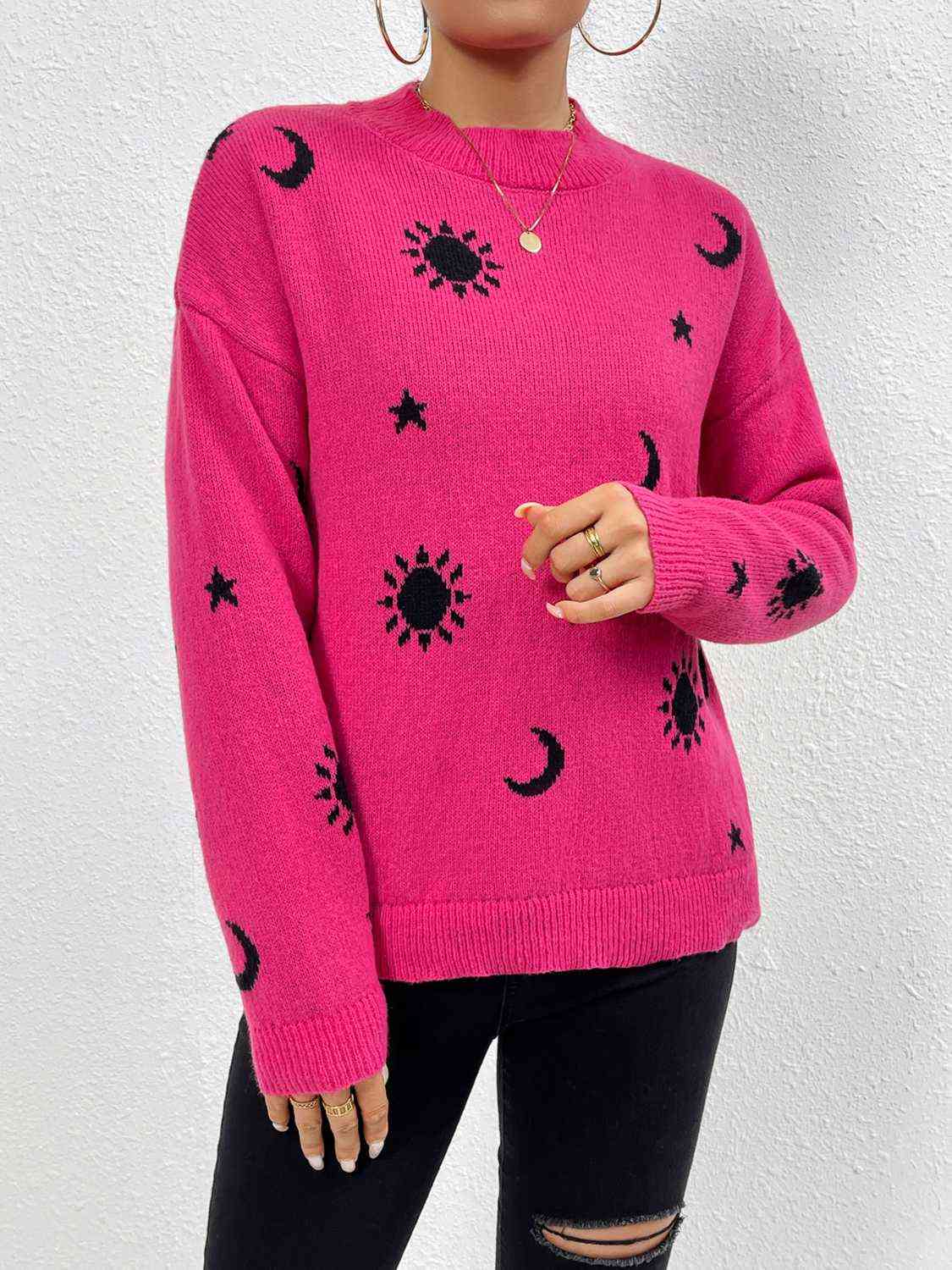 Patterned Drop Shoulder Sweater BLUE ZONE PLANET