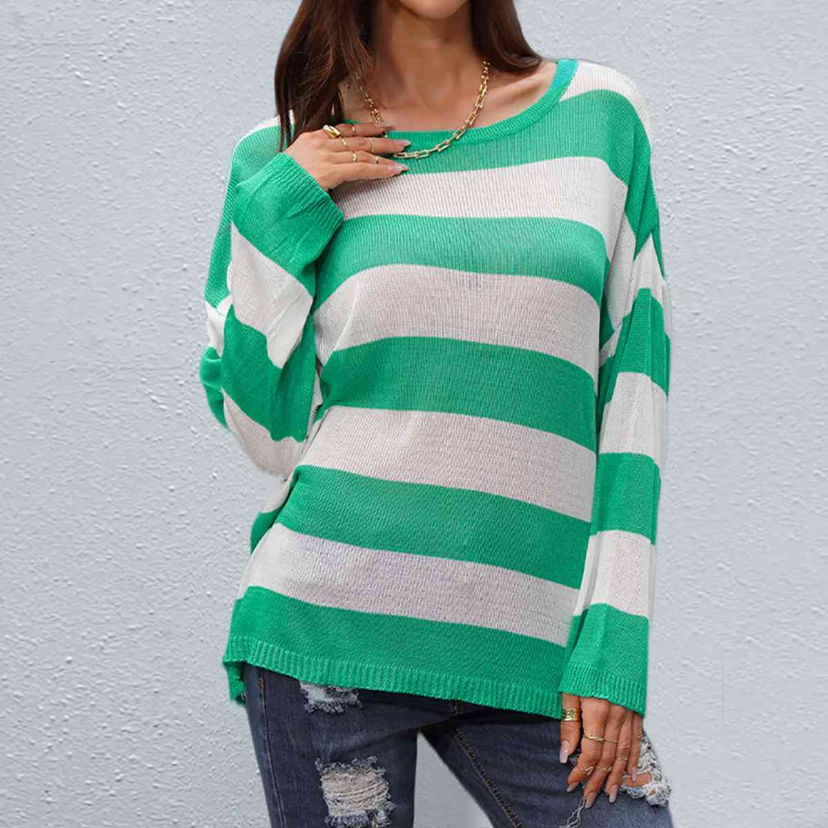 Striped Boat Neck Round Neck Sweater BLUE ZONE PLANET