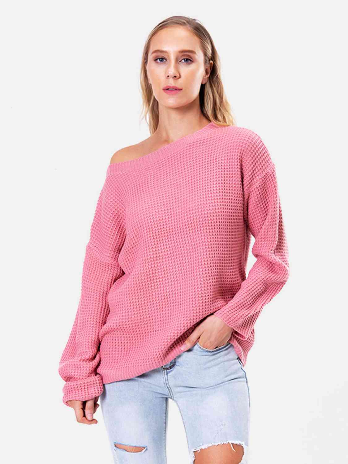 Boat Neck Drop Shoulder Long Sleeve Sweater BLUE ZONE PLANET