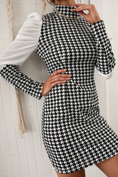 Houndstooth Mock Neck Puff Sleeve Dress BLUE ZONE PLANET
