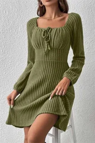 Ribbed Tied Square Neck Long Sleeve Mini Dress BLUE ZONE PLANET