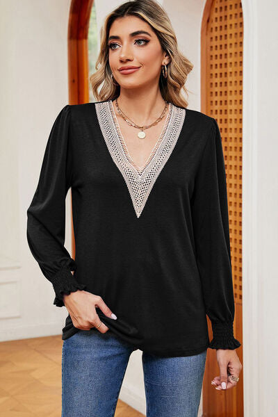 Lace Detail V-Neck Lantern Sleeve T-Shirt Trendsi