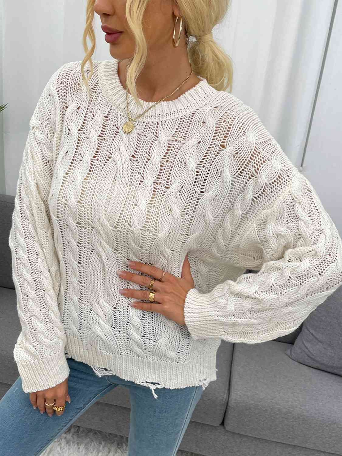 Openwork Distressed Long Sleeve Sweater BLUE ZONE PLANET